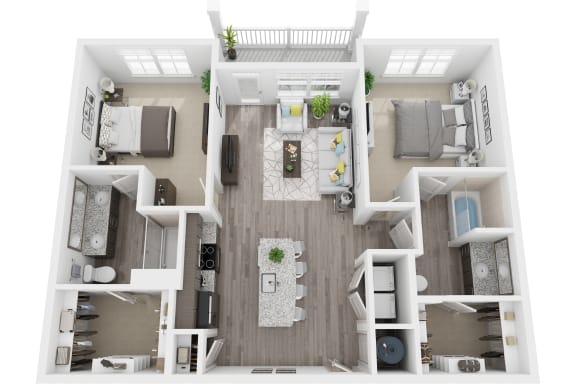 3D 1137sf 2 bed 2 bath floor plan at The Flats at Ballantyne, NC