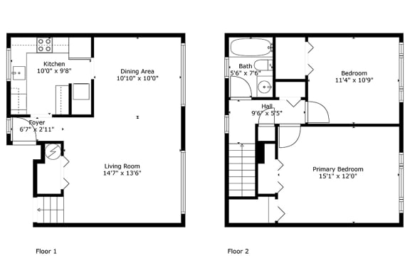 2 bedroom 1 bath townhome 1100 sf floor plan, Cardiff Hall Apartments, Towson MD