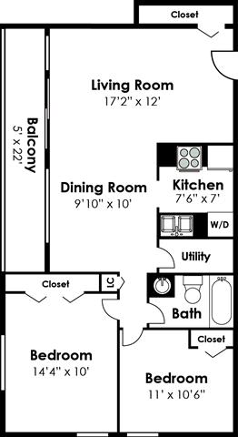 2 Bedroom 1 Bath Floorplan at Falls Village Apartments, Baltimore, Maryland