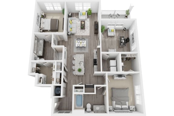 3D 1392sf 2 bed 2 bath with den floor plan at The Flats at Ballantyne