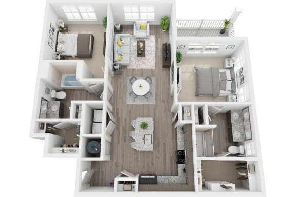 3D 1189sf 2 bed 2 bath floor plan at The Flats at Ballantyne,  Ballantyne, NC