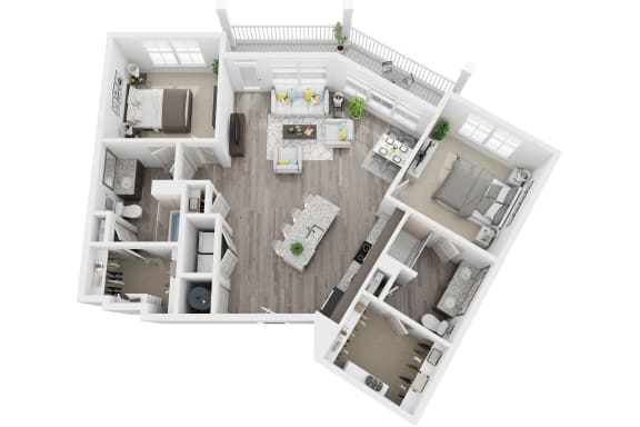 3D 1278sf 2 bed 2 bath floor plan at The Flats at Ballantyne