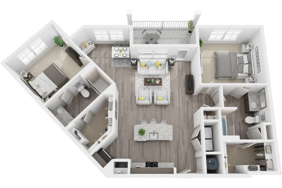 3D 1272sf 2 bed 2 bath floor plan at The Flats at Ballantyne, NC