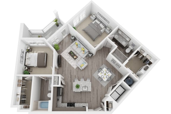 3D 1093sf 2 bed 2 bath floor plan at The Flats at Ballantyne, Ballantyne, North Carolina, 28277