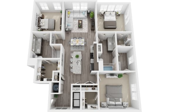 3D 1479sf 3 bed 2 bath floor plan at The Flats at Ballantyne
