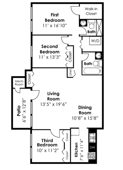 3 Bedroom 2 Bath with Terrace Floor Plan at Kenilworth at Charles Apartments, Towson, MD