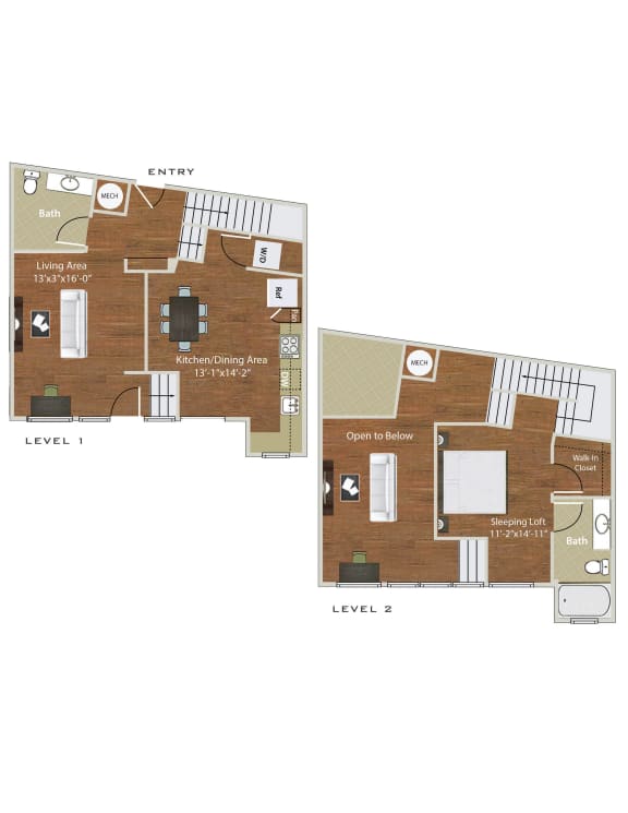 A12 1 Bed 1.5 Bath 952 Square Feet Floor Plan  at St. Marys Square Apartments, Raleigh, 27605