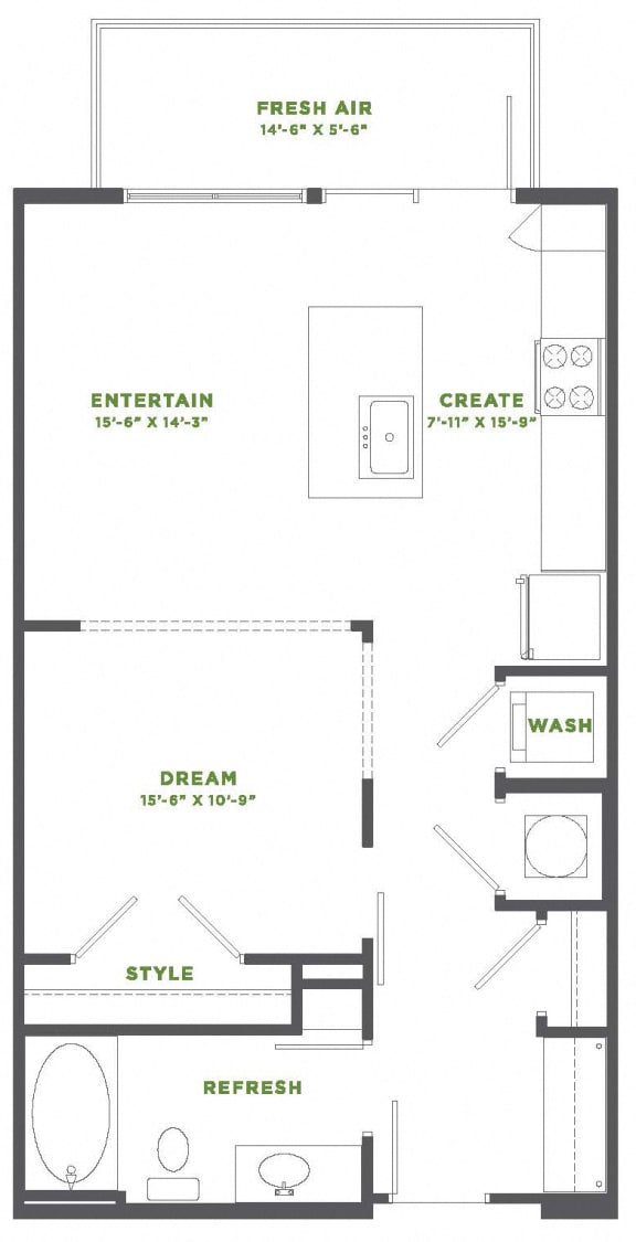 1 Bedroom 1 Bath Floor Plan at Millworks Apartments, Atlanta