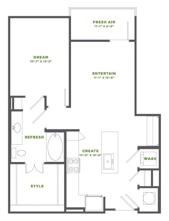 1 Bedroom 1 Bath Floor Plan at Millworks Apartments, Atlanta, 30318