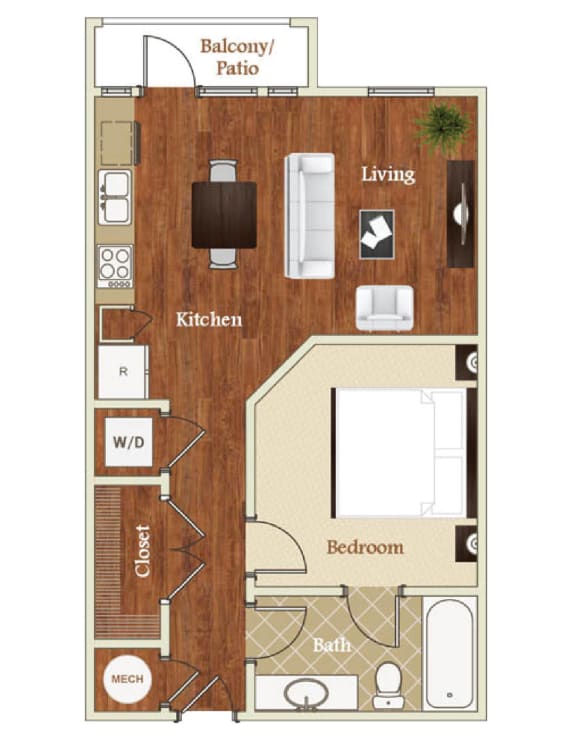 A7 1 Bed 1 Bath 640-813  square foot floor plan at St. Marys Square Apartments, Raleigh, NC, 27605