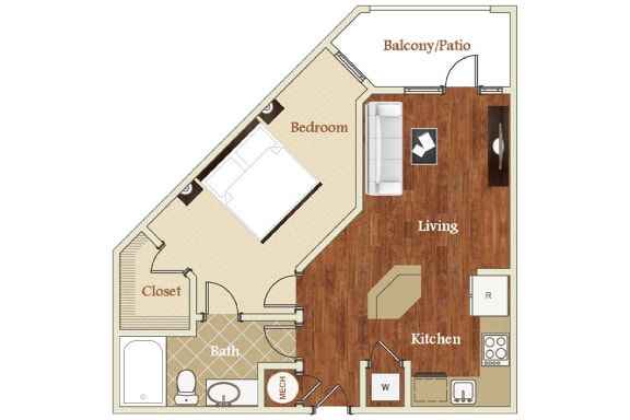 1 Bed 1 Bath 794 sf floor plan at St. Marys Square Apartments, North Carolina, 27605
