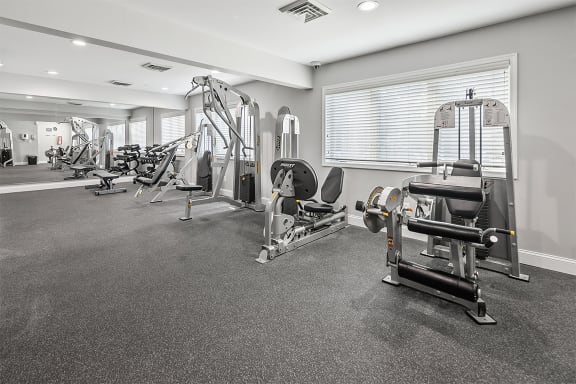 the gym is equipped with cardio equipment and weights at McDonogh Township Apartments, Owings Mills