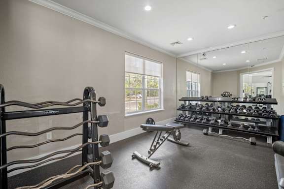 A well-lit home gym with a variety of equipment.