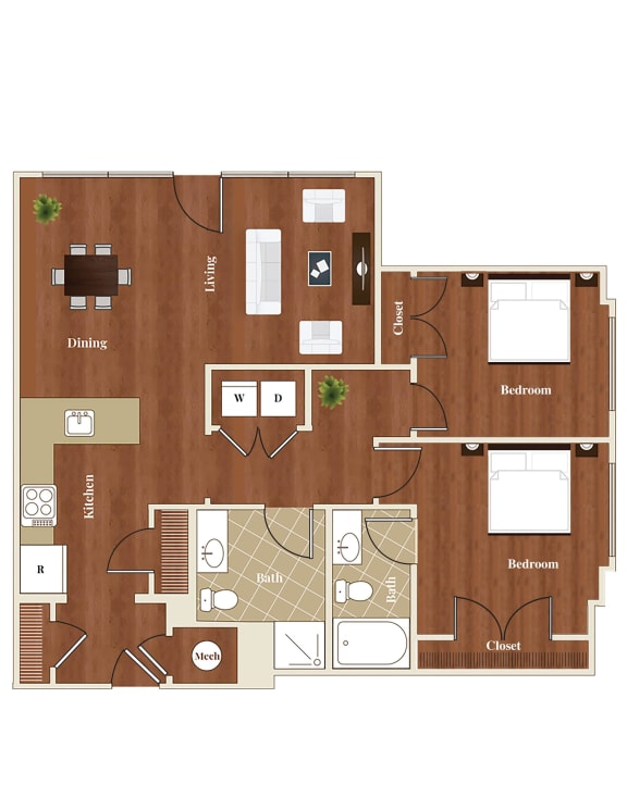 B1 2 Bed 2 Bath 1148 Square Feet Floor Plan at St. Marys Square Apartments, Raleigh, NC