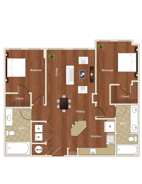 2 Bed 2 Bath Floor Plan at St. Marys Square Apartments, Raleigh, NC, 27605