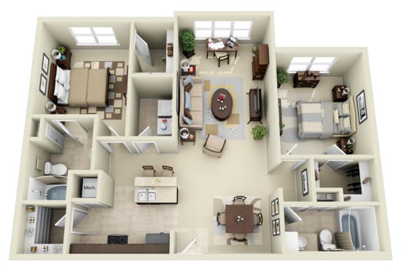 2 bed 2 bath B2 Floor Plan at Carolina Point Apartments, Greenville