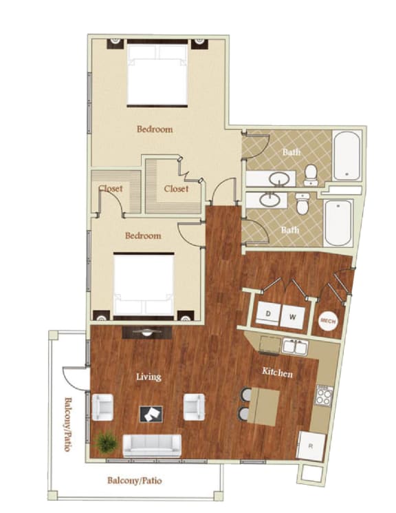 B3 2 Bed 2 Bath 1152 Square Feet Floor Plan at St. Marys Square Apartments, North Carolina, 27605