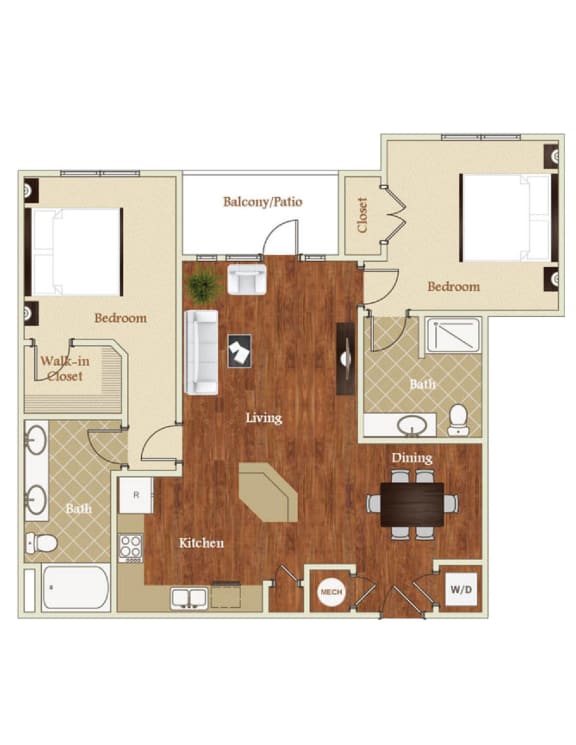 B4 2 Bed 2 Bath 1160  square foot floor plan at St. Marys Square Apartments, North Carolina