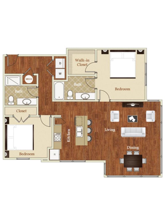 B6 2 Bed 2 Bath 1233 Square Feet Floor Plan  at St. Marys Square Apartments, Raleigh, North Carolina