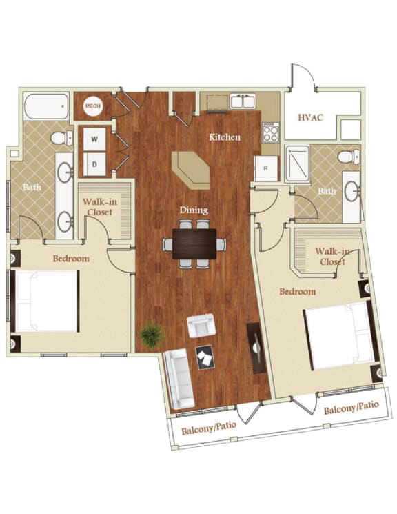 B7 2 Bed 2 Bath 1250 Square Feet Floor Plan at St. Marys Square Apartments, Raleigh, 27605