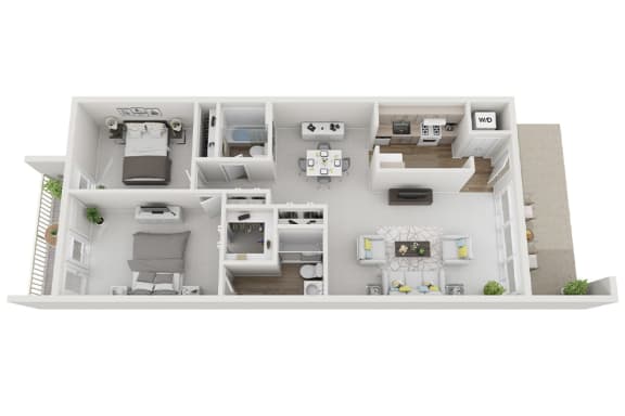 2 Bed 2 Bath 978sf 3D Floor Plan at Brook View Apartments, Maryland