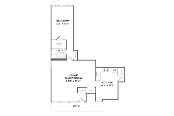 A floor plan of a home with a bedroom, living/dining room, kitchen, and patio.
