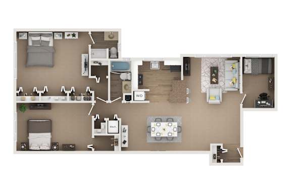 2 Bedroom 2 Bath w Den 3D Floor Plan
