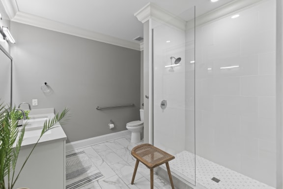 a bathroom with a shower and a sink and a stool at Central Island Square, Daniel Island, South Carolina