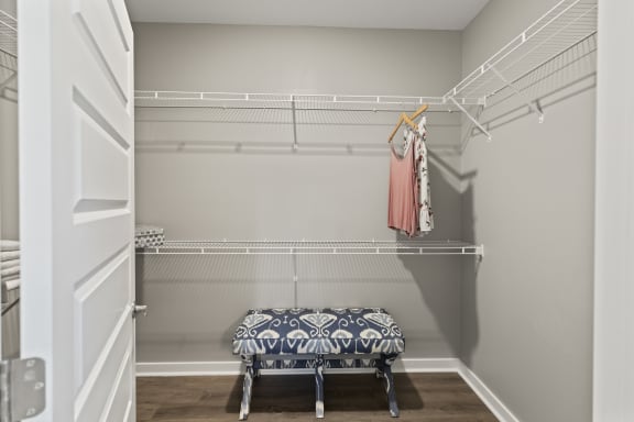 a walk in closet with a and a rack with clothes at Central Island Square, Daniel Island, South Carolina