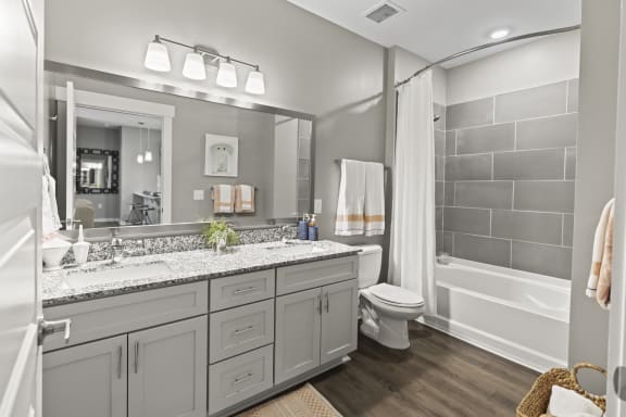 a bathroom with a large mirror and a toilet and a shower at Central Island Square, Daniel Island, South Carolina