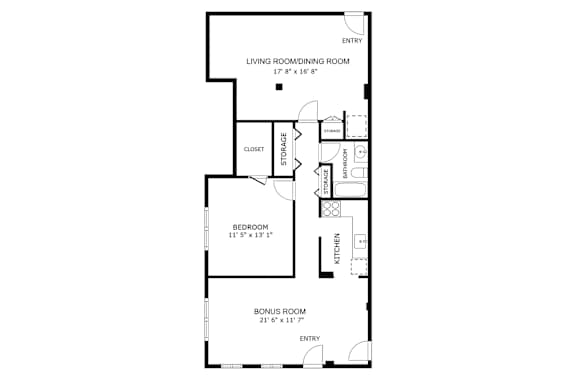 A floor plan of a home with a living room, two bedrooms, a bonus room, a kitchen, and a bathroom.
