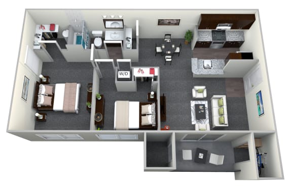 2 Bedroom 1 Bath 844sf 3D floor plan, Crossings at White Marsh, White Marsh, MD