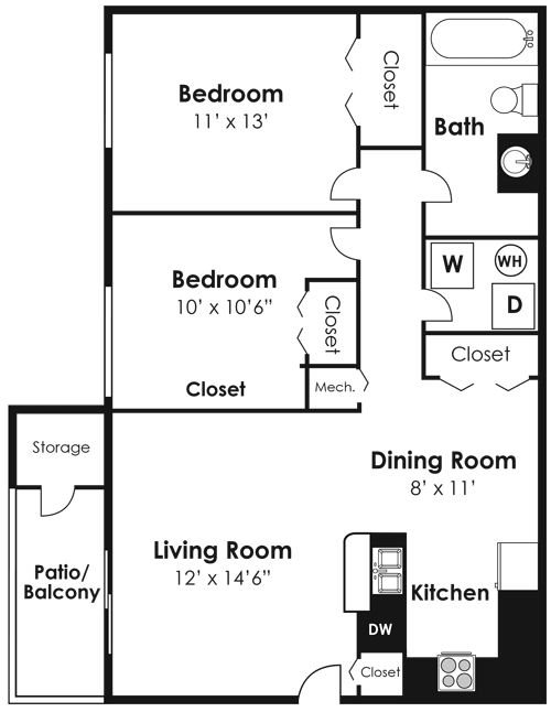 2 Bedroom 1 Bath CWM I Renovated Floor Plan at The Crossings at White Marsh Apartments, Perry Hall, MD