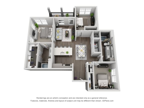 D3 3 Bedroom 2 Bath Floor Plan at Central Island Square, Charleston, South Carolina