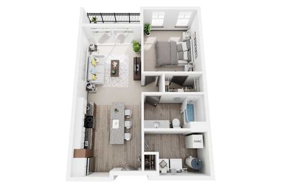 A1 1 bed 1 bath bath 3D floor plan at Dartmoor Place at Oxford Square Apartments, MD, 21076