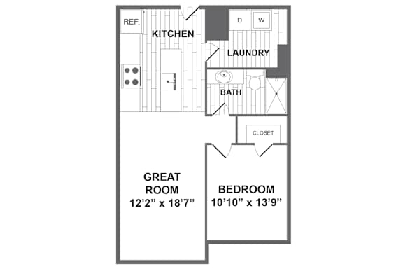 A floor plan of a home with a kitchen, laundry, bath, great room, and bedroom.