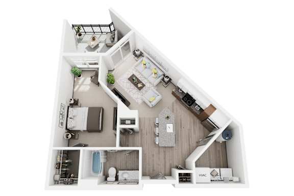 B 1 bed 1 bath 3D floor plan at Dartmoor Place at Oxford Square Apartments, Hanover, Maryland