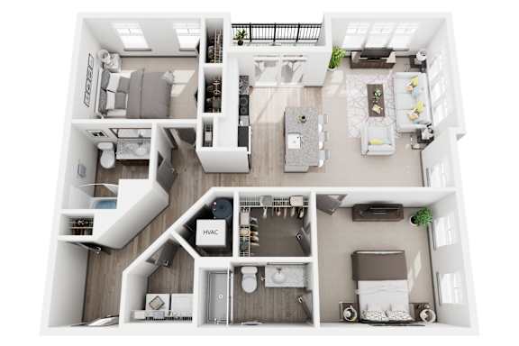 C1 2 bed 2 bath 3D floor plan at Dartmoor Place at Oxford Square Apartments, Hanover, MD