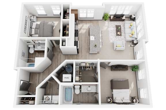 2 bed 2 bath C2 1087 sf floor plan