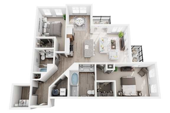 C3 2 bed 2 bath 3D floor plan at Dartmoor Place at Oxford Square Apartments, Hanover, Maryland