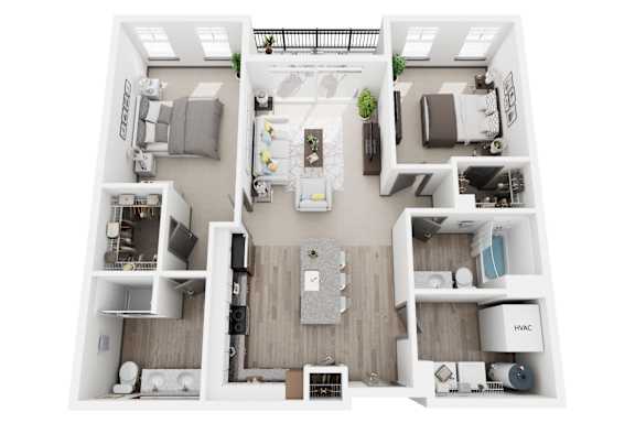 D1 2 bed 2 bath bath 3D floor plan at Dartmoor Place at Oxford Square Apartments, Hanover, Maryland