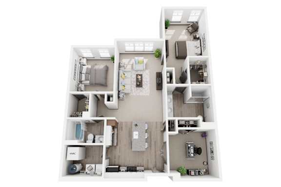 D2 2 bed 2 bath bath  3D floor plan at Dartmoor Place at Oxford Square Apartments, Hanover, MD