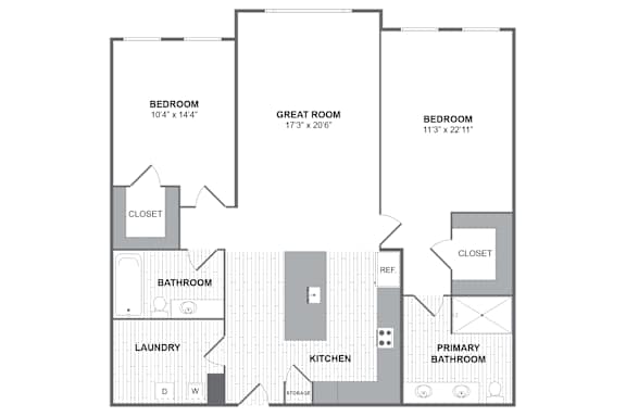 A floor plan of an apartment with three bedrooms, a bathroom, a laundry room, a kitchen, and a primary bathroom.