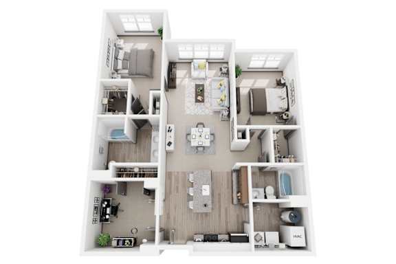 D4 2 bed 2  bath 3D floor plan at Dartmoor Place at Oxford Square Apartments, Hanover