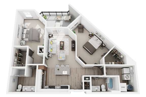 E 2 bed 2 bath 3D floor plan at Dartmoor Place at Oxford Square Apartments, Hanover, 21076