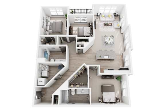 F1 3 bedroom 2 bath 3D floor plan at Dartmoor Place at Oxford Square Apartments, Hanover, Maryland, 21076