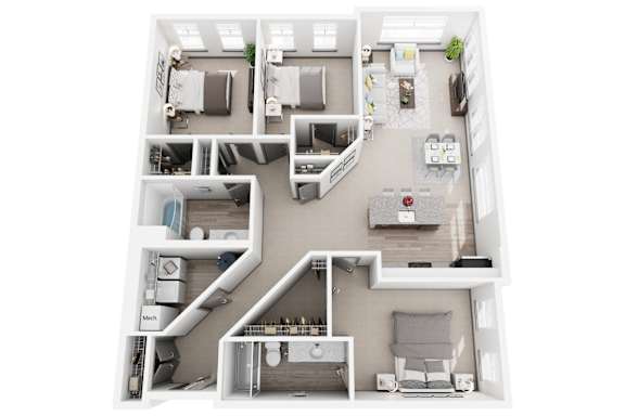 A top-down view of a small apartment with a kitchen, living room, and bedroom.