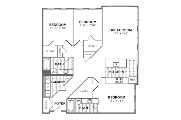 A floor plan of a home with two bedrooms, a laundry room, a foyer, a bathroom, a kitchen, and a great room.