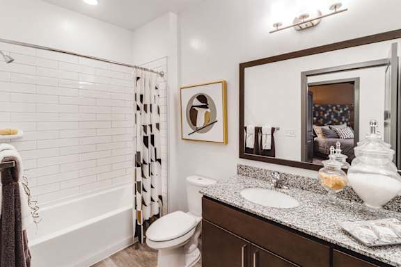 a bathroom with a shower and a sink and a mirror at Dartmoor Place at Oxford Square Apartments, Maryland, 21076