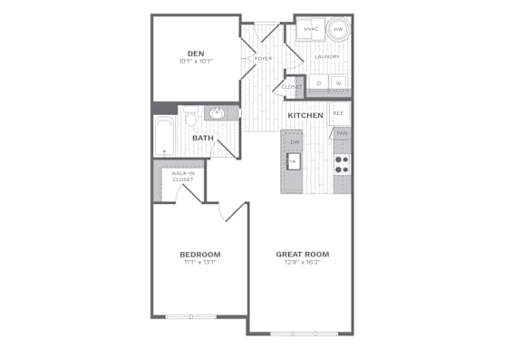 A4 1 bed 1 bath floor plan at Dartmoor Place at Oxford Square Apartments, Maryland, 21076